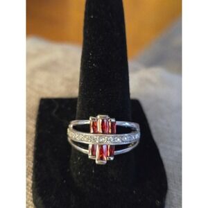 Baguette Lab Garnet Vintage Ring 10k White Gold Filled Sz 8